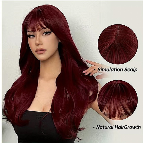 Wine Red Long Layers 24 Inch Wig With Bangs - Picture 5 of 5